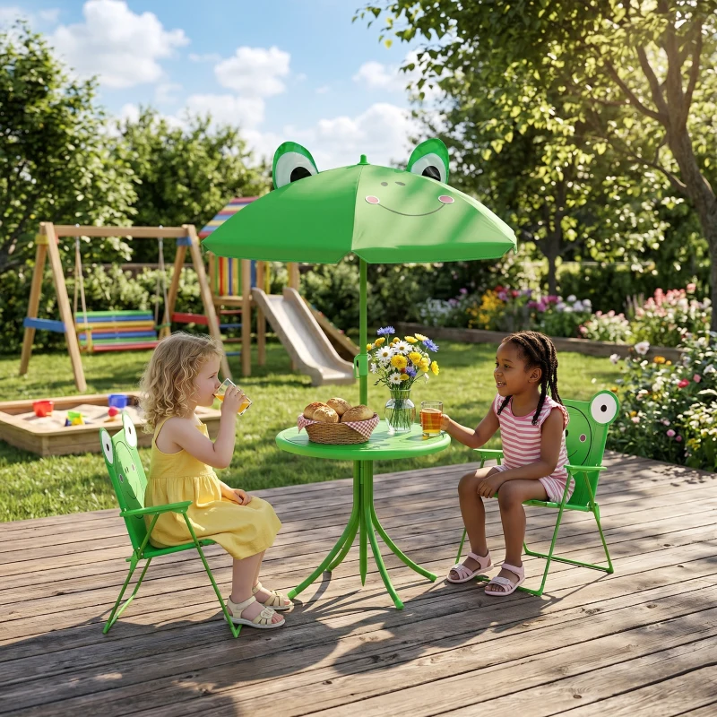 Outsunny 4tlg. Kindersitzgruppe Garten Gartentisch 2 Klappstühle Sonnenschirm Camping Kindersitzgarnitur Gartenmöbel für 3-5 Jahre Grün