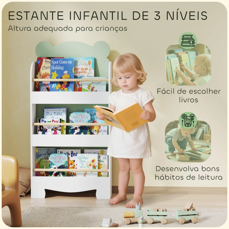 AIYAPLAY Estante Infantil 3 Níveis Design de Ursinho Cantos Arredondados e Barreiras de Segurança para Livros e Brinquedos Verde