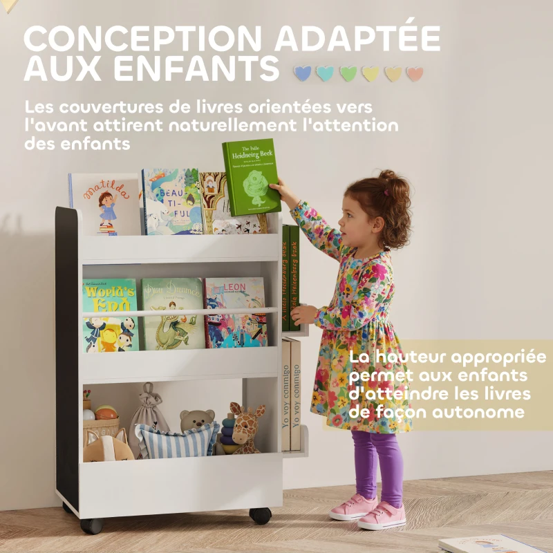 AIYAPLAY Bibliothèque pour enfant avec roulettes, rangement livre enfant de 3 à 8 ans avec tableau noir, 66,5x32,5x86,5cm, blanc