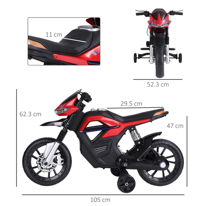 HOMCOM Moto Elettrica per Bambini da 6V con Rotelle, Fari e Musica, in PP e Metallo, 105x52.3x62.3 cm, Rosso