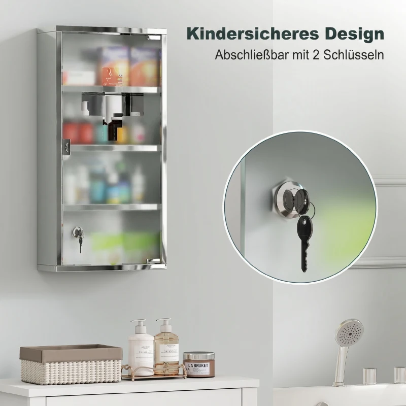 HOMCOM Medizinschrank Arzneischrank aus Edelstahl, Abschließbar Medikamentenschrank mit 4 Fächern, Glastür Apothekerschrank zur Medikamenten-Aufbewahrung, 30 x 12 x 60 cm