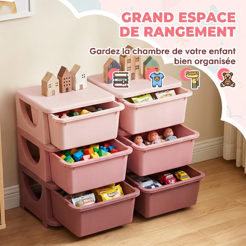 HOMCOM Organisateur de jouets pour enfants à 3 niveaux avec 6 tiroirs, boîtes de rangement en plastique, 75x37x56,5cm, rose