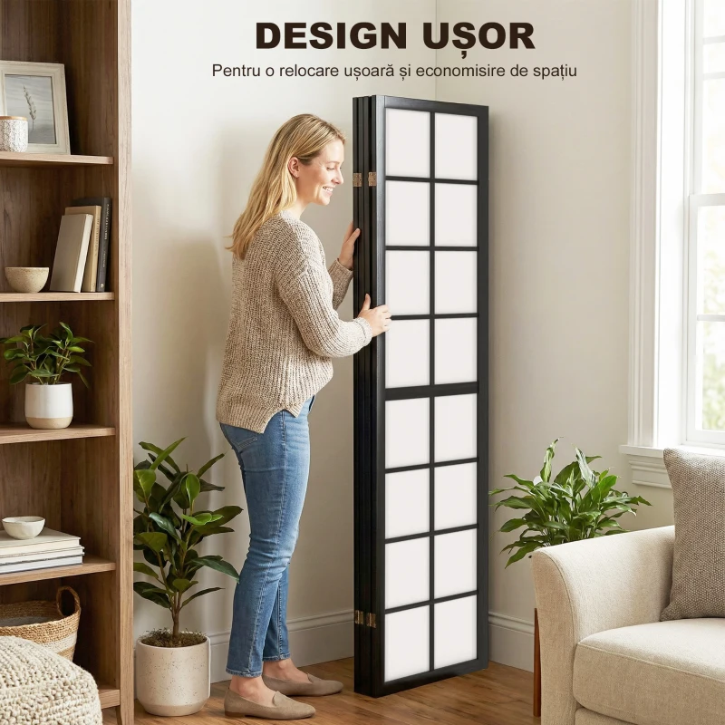 HOMCOM Paravan de Interior Pliabil cu 4 Panouri din Lemn și Material Nețesut, 160x170 cm, Negru și Alb
