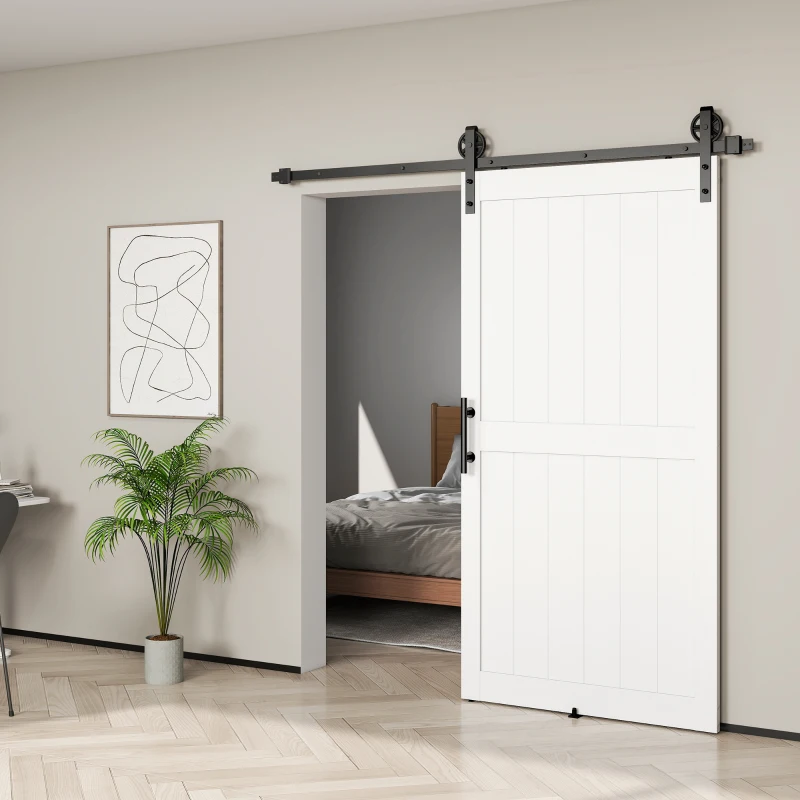 HOMCOM 213.4cm Sliding Barn Door Kit, Sliding Door with Track, Hardware, Upgraded Rollers and Floor Guide, Handle, White
