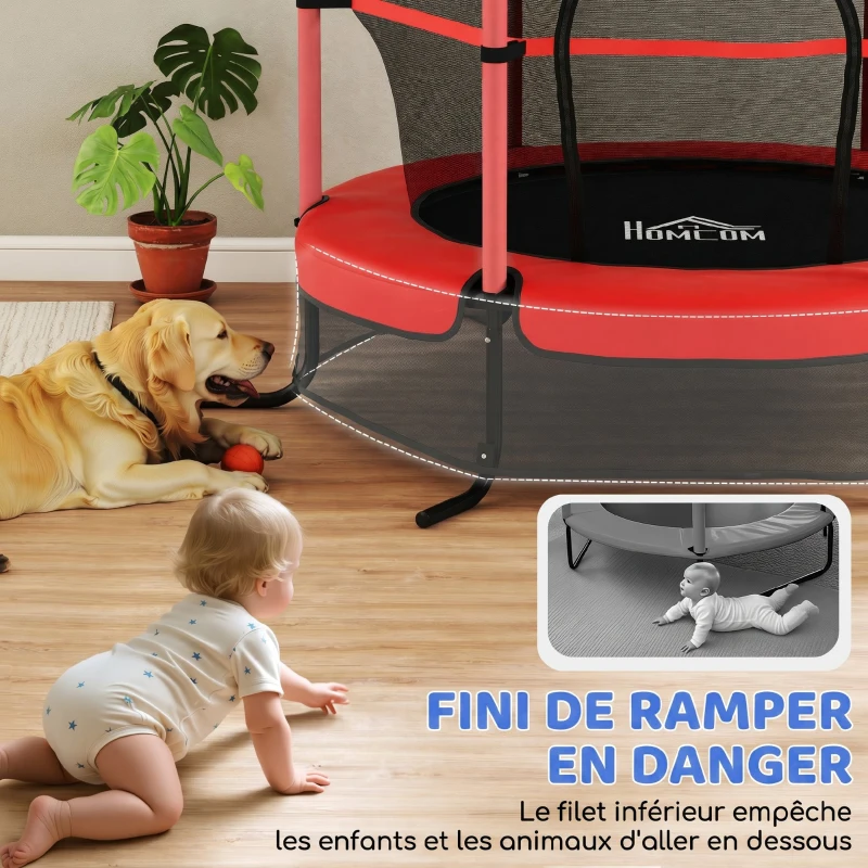 HOMCOM Trampoline Enfant Ø 1,63 × 1,9H m Filet de sécurité Porte zipée Couvre-Ressorts 6 poteaux rembourrés Inclus Rouge