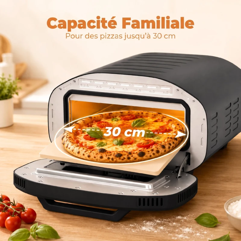 HOMCOM Four à Pizza Électrique d'Intérieur 2200 W jusqu'à 430°C, Pierre en Céramique Ø30,5 cm, Minuteur 60 min, Noir