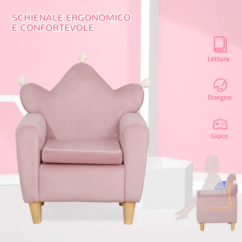 HOMCOM Poltrona per Bambini in Tessuto Effetto Velluto Rosa con Schienale a Corona, 50.2x41.9x57.8 cm
