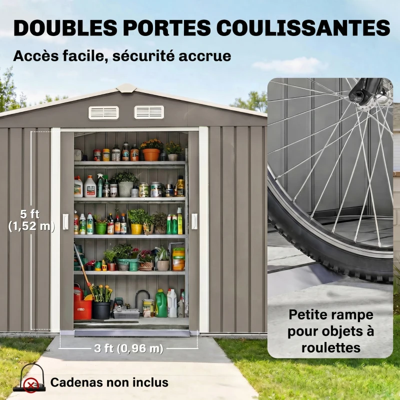 Outsunny Abri de jardin 5,4 m² 2,77 x 1,95 x 1,92 m kit de fondation porte coulissante ventilations acier galvanisé, gris