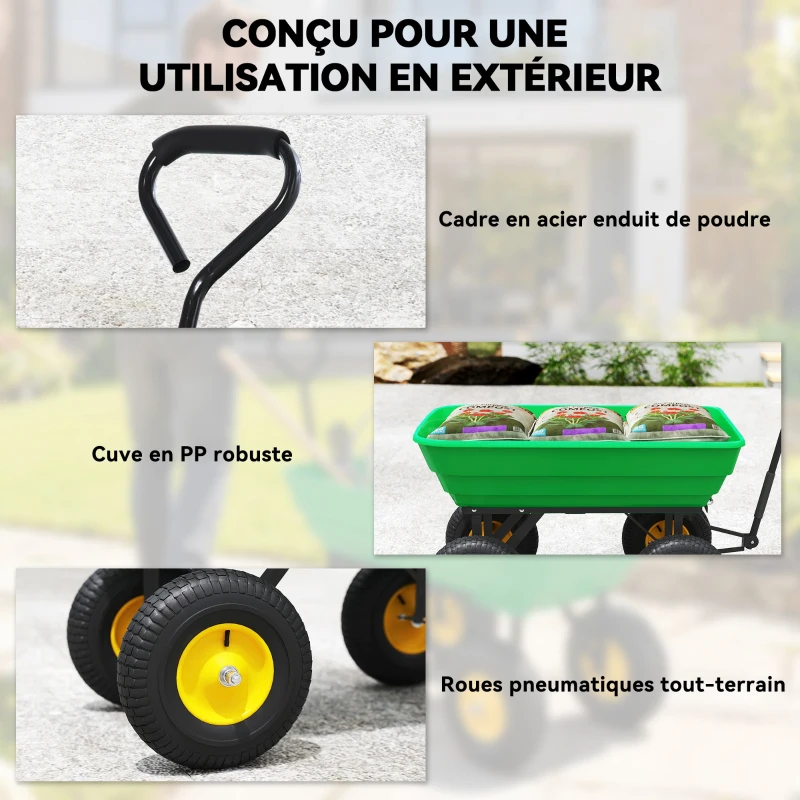 Outsunny Chariot de Jardin à Main Benne basculante 75° 75L Charge Max. 200 Kg 4 Roues pneumatiques Acier PP Jaune Vert