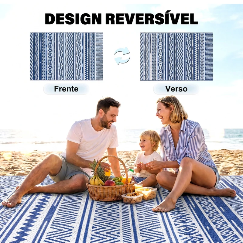 Outsunny Tapete de Exterior 182x274 cm Tapete Reversível Estilo Moderno para Varanda Pátio Campismo Praia Azul Escuro e Branco