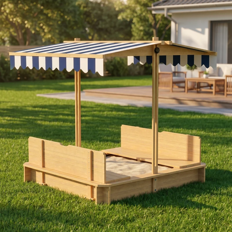 Outsunny Bac à sable carré en bois pour enfants dim. 106L x 106l cm avec bancs et couvercle - auvent réglable