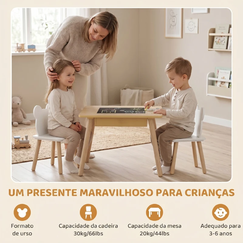 AIYAPLAY Conjunto de Mesa e 2 Cadeiras com Encosto em Forma de Ursinho e Compartimentos Ocultos Madeira e Branco