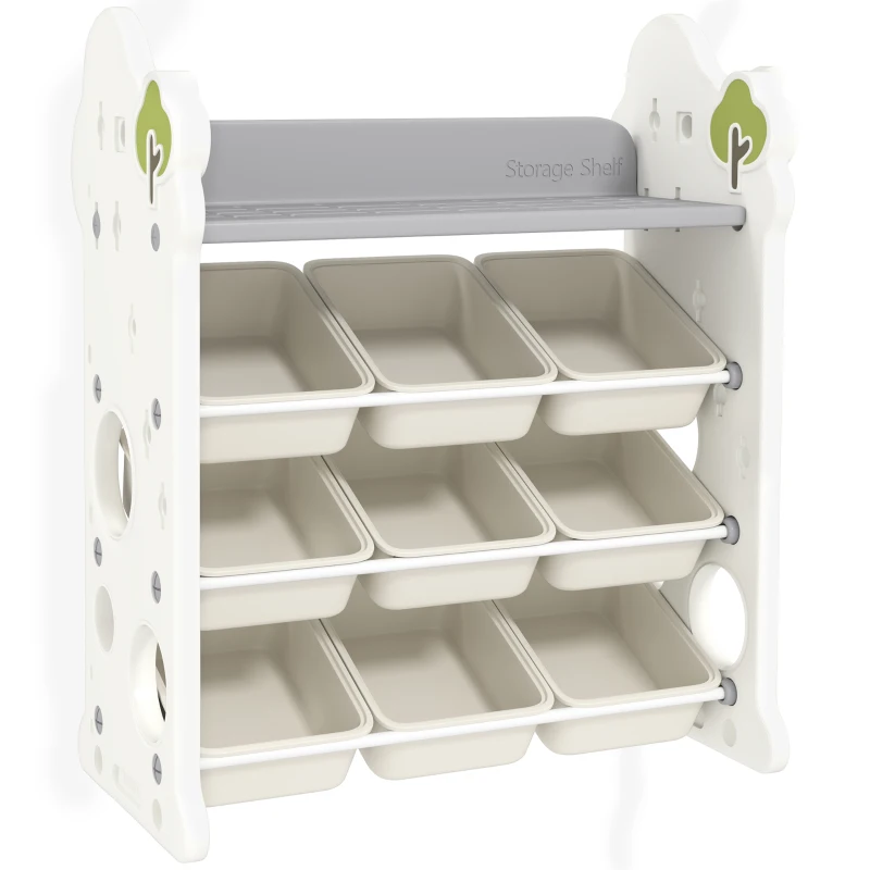 AIYAPLAY Raft pentru jucării cu 4 niveluri, 9 recipiente și cârlig lateral, din HDPE, 77x42x94 cm, alb crem