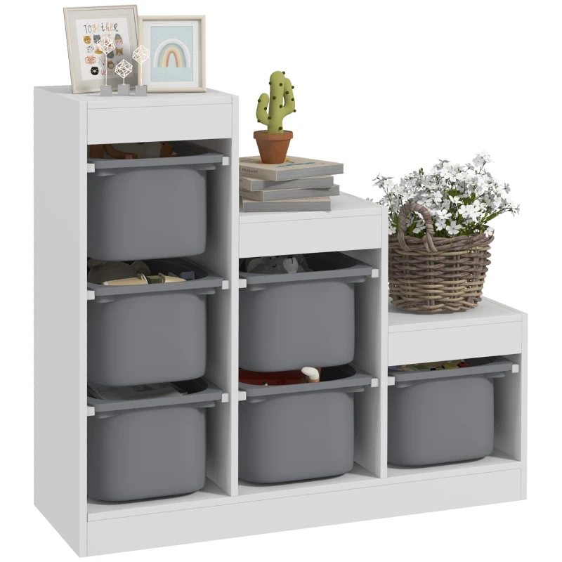 AIYAPLAY Meuble de rangement pour jouets des enfants avec 6 bacs amovibles, 3 niveaux de rangement, 96 x 38,5 x 90, gris