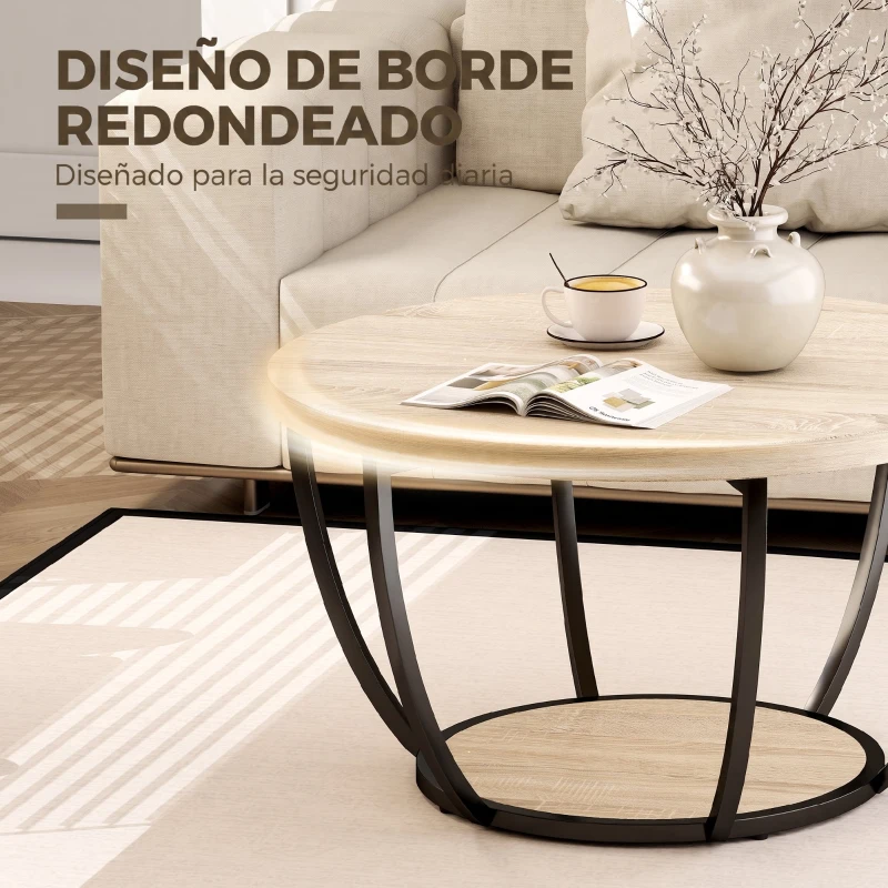 HOMCOM Mesa de Centro Mesa de Café Redonda para Salón con Estante de Almacenaje y Marco de Metal 80x80x43,8 cm Roble