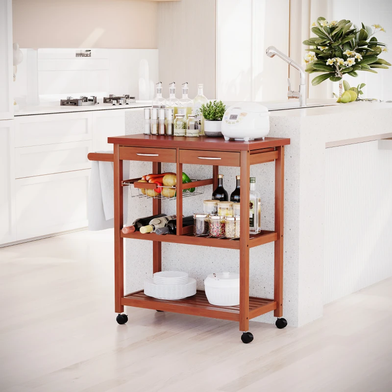 HOMCOM Carrello Portata da Cucina in Legno con Portabottiglie, Cestello, 2 Ripiani, 2 Cassetti, Legno di Pino, Resistente, Agevole, Versatile, 84.5x37.2x85cm