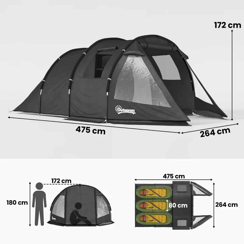 Outsunny Campingzelt Trekkingzelt Zelt, wetterbeständig, 2 Räume,  475 x 264  cm Breite x 172, Schwarz