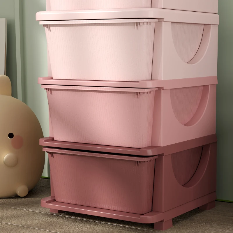 HOMCOM Organisateur de jouets pour enfants avec 4 tiroirs à 4 niveaux, boîtes de rangement en plastique, 37 x 37 x 76 cm, rose