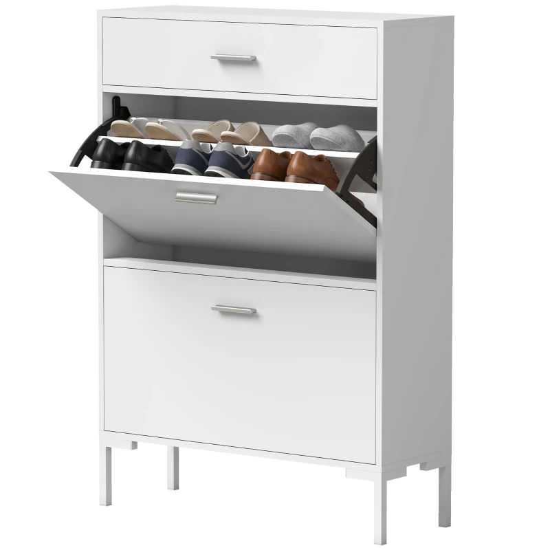 HOMCOM Moderne schoenenkast voor maximaal 12 paar schoenen, met 2 kleppen, lade en verstelbare plank, wit