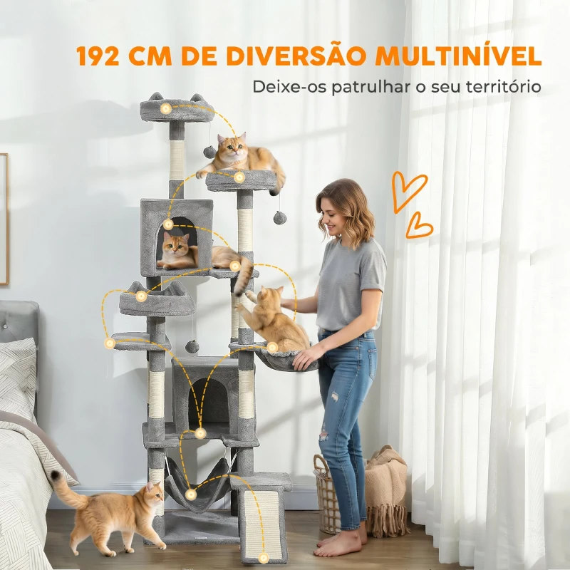 PawHut Árvore Arranhadora para Gatos 192 cm com 3 Camas, 2 Casinhas e 2 Redes, Cinzento-claro