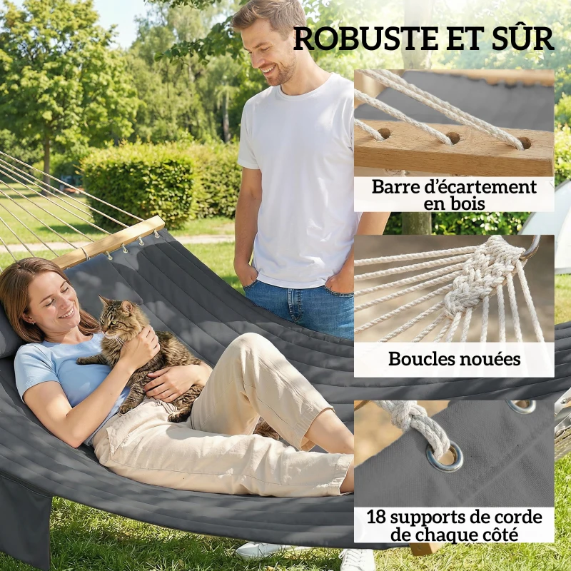 Outsunny Hamac suspendu 325 cm avec oreiller extra-long, tissu matelassé, poche pour magazines, intérieur et extérieur, gris