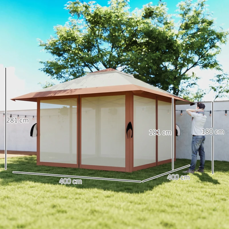 Outsunny Tonnelle pliante barnum parois en filet et protection UV50+ hauteur réglable et double toit sacs de lestage 4x4m beige