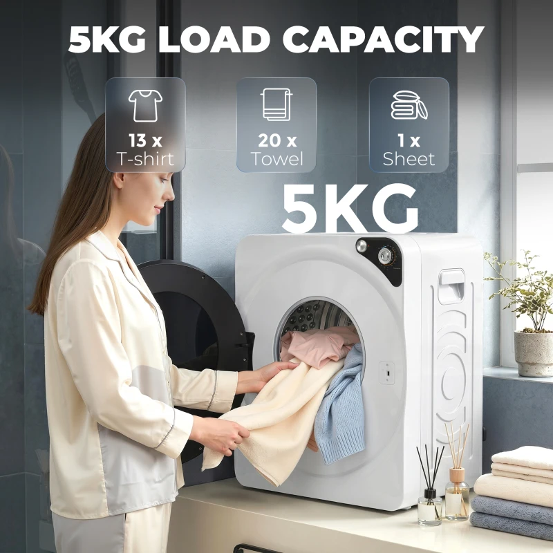 HOMCOM 5kg Vented Tumble Dryer, 1000W Compact Tumble Dryer with 5 Drying Modes, Stainless Steel Tub, White