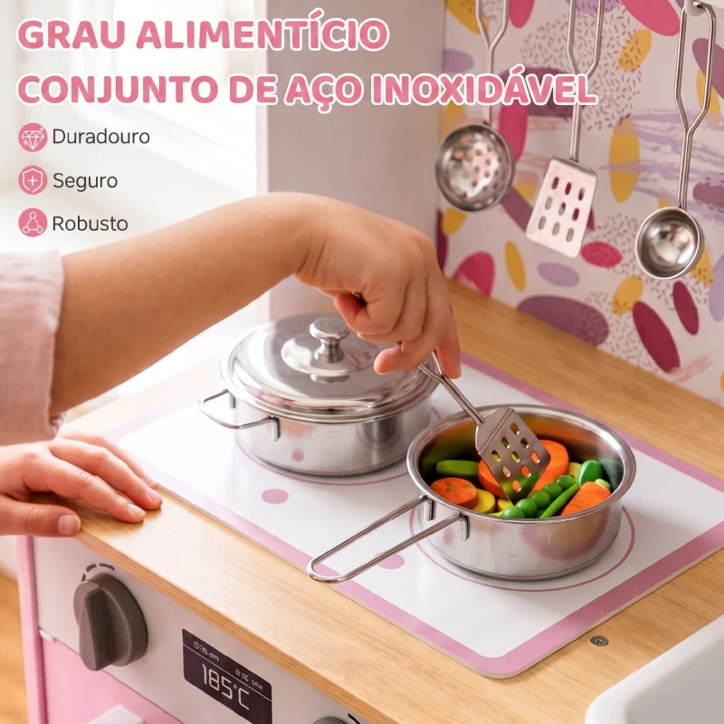 AIYAPLAY Cozinha de Madeira com Acessórios em Aço Inoxidável, Máquina de Café, Máquina de Gelo, Lava-loiça e Fogão Rosa
