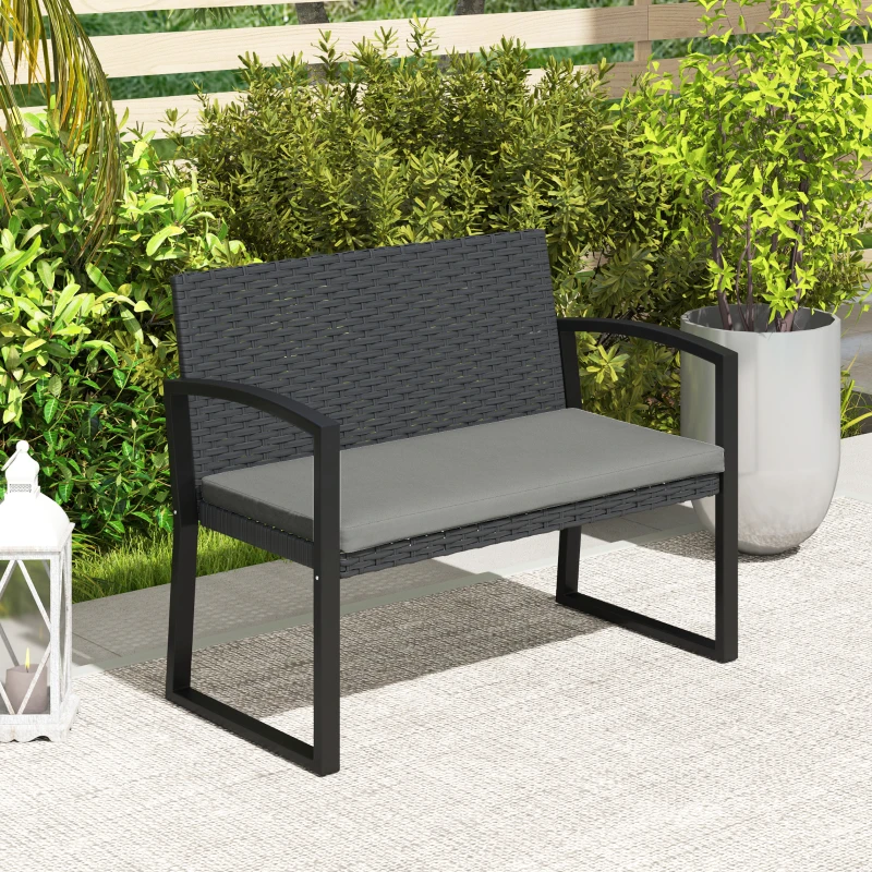 Outsunny Banc de jardin 2 places, banc d'extérieur en résine tressée PE avec coussin, acier galvanisé, 103x58x78cm, gris et noir