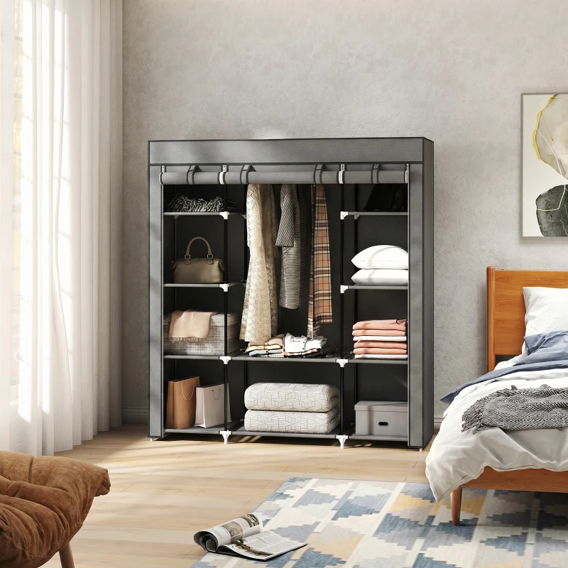 HOMCOM Clothes Storage Organiser with Hanging Rail, Shelves, Portable Wardrobe, Foldable Fabric Wardrobe, Dark Grey