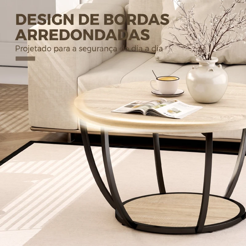 HOMCOM Mesa de Centro Redonda para Sala com Prateleira e Estrutura Metálica 80x80x43,8 cm Carvalho