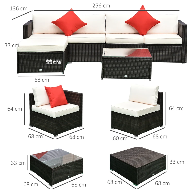 Outsunny Set Mobili da Giardino in Rattan PE 4 Poltrone 1 Pouf 1 Tavolino in Vetro Temperato 2 Cuscini