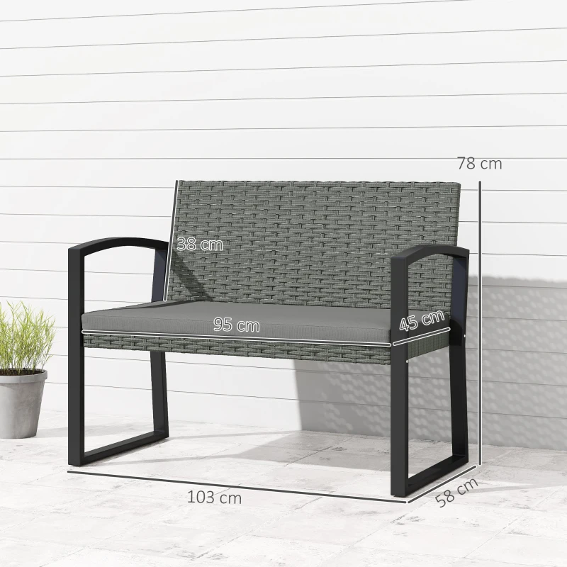 Outsunny Banc de jardin 2 places, banc d'extérieur en résine tressée PE avec coussin, acier galvanisé, 103x58x78cm, gris et noir