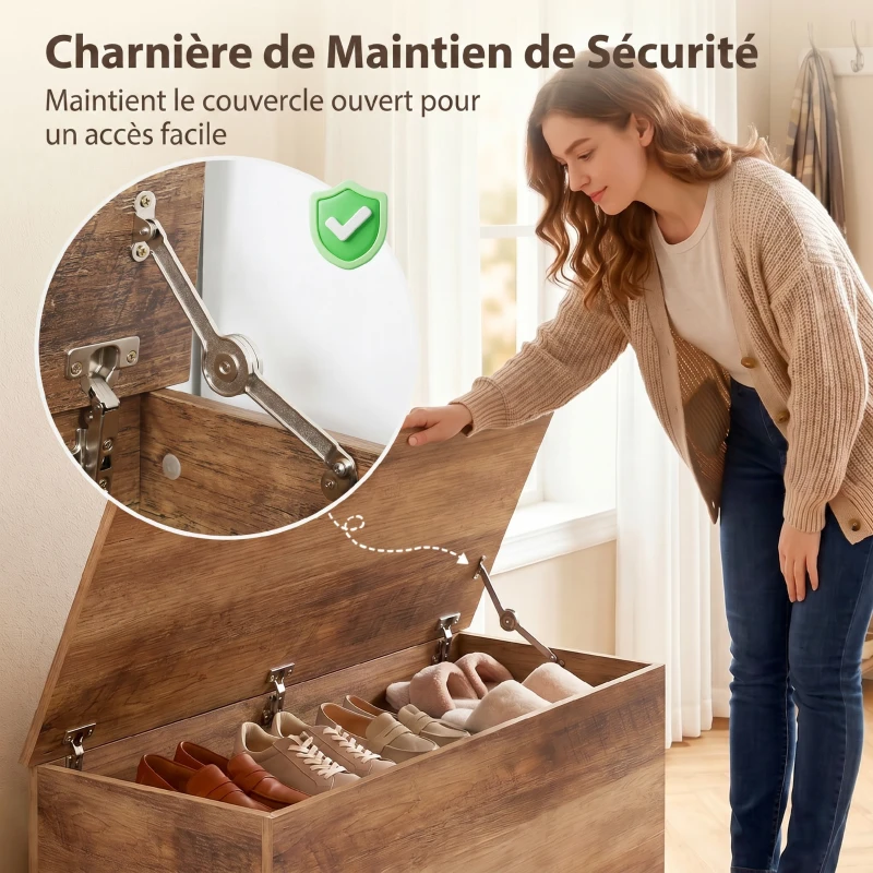 HOMCOM Coffre de rangement, banc de rangement avec couvercle rabattable et charnières de sécurité, 100 x 40 x 40 cm, marron