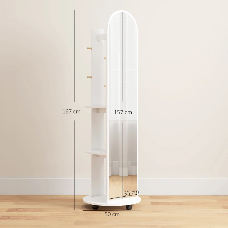 HOMCOM 2-in-1 Full Length Mirror with Storage Shelves, Floor Mirror with 4 Wheels, Coat Rack, Hooks, White