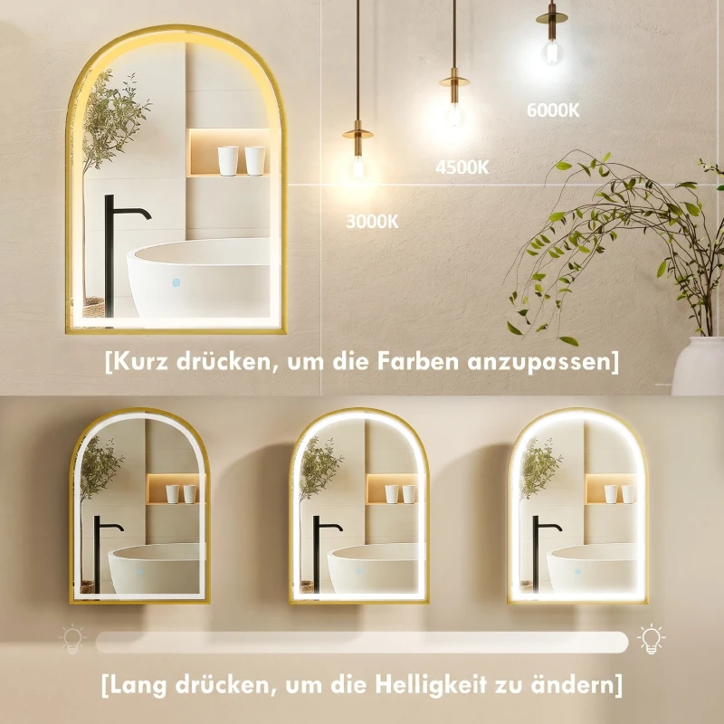 HOMCOM Armoire murale salle de bain avec miroir et éclairage LED, porte arquée, anti-buée, 50x14,5x70cm, doré