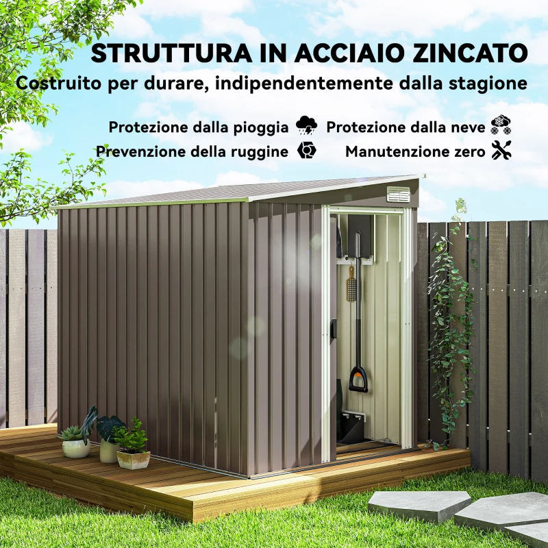 Outsunny Capanno Attrezzi in Metallo 1.5x2m con Base, Porta Scorrevole e Tetto Inclinato, Grigio Chiaro