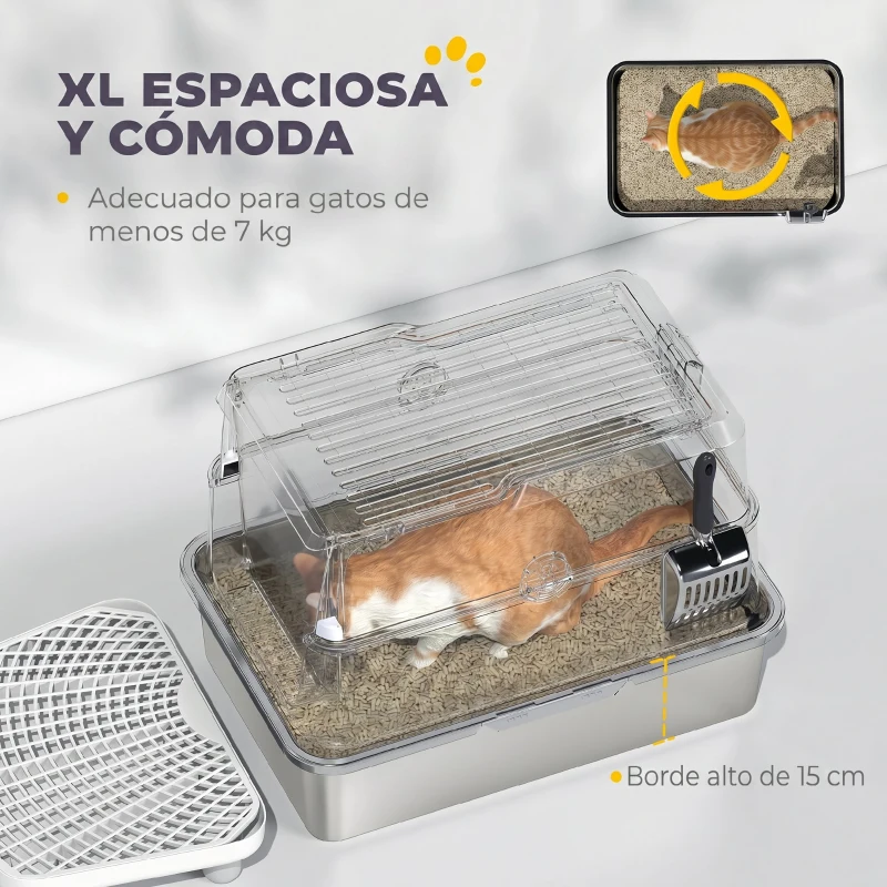 PawHut Arenero para Gatos de Acero Inoxidable XL Cerrado con Tapa Abatible Borde Alto Pala Metálica Antifugas Gris Claro