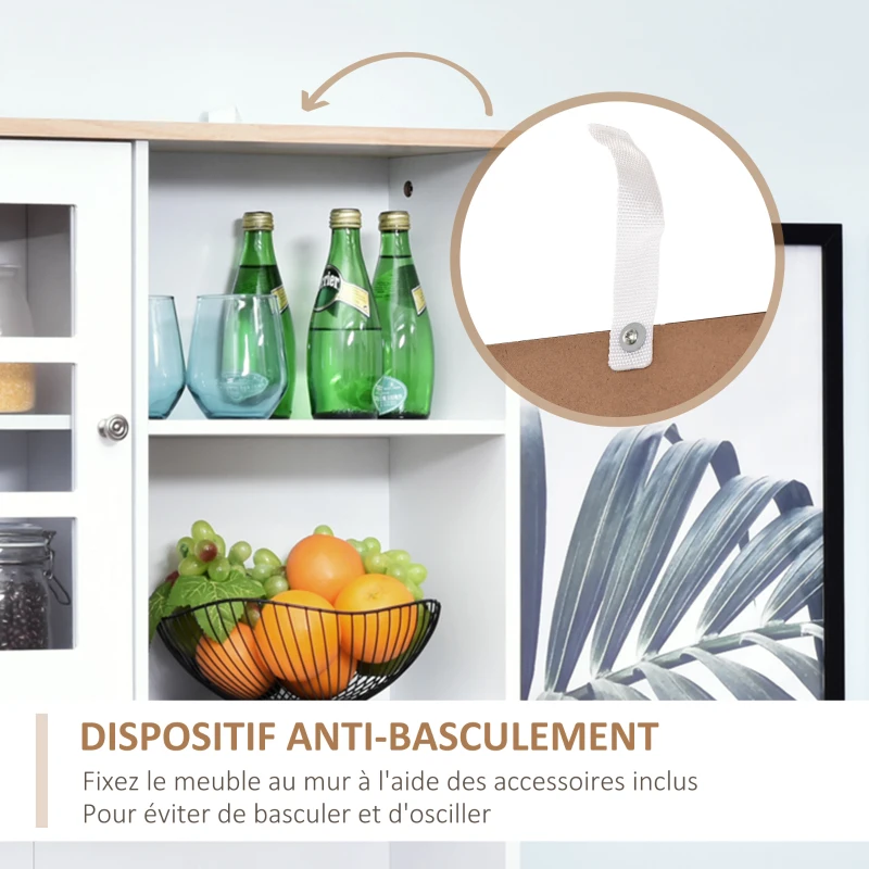 HOMCOM Buffet cuisine, meuble cuisine rangement haut, meuble de rangement avec plan de travail, 3 portes vitrées, 2
