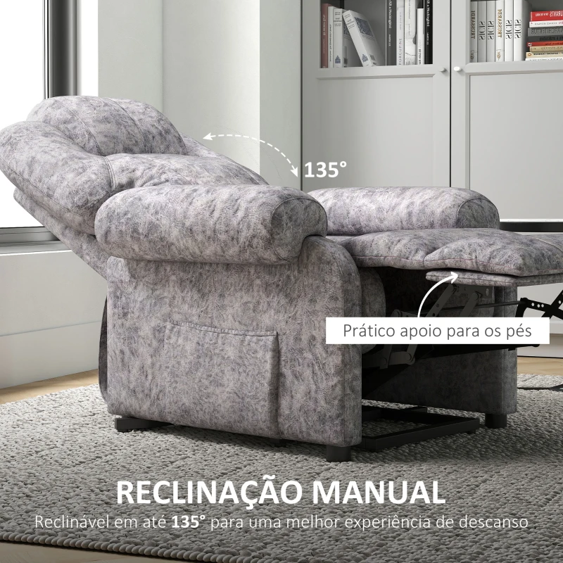 HOMCOM Poltrona Relax Reclinável com Apoio para os Pés Retrátil Encosto Alto Bolso Lateral Acolchoado Grosso 88x91x108 cm Cinzento