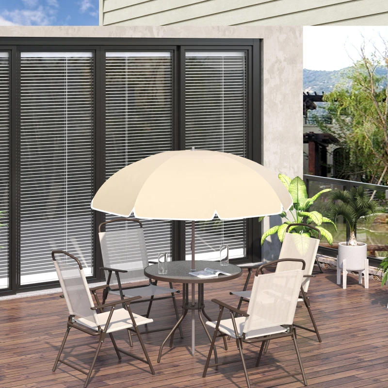 Outsunny 6 pz Set Mobili da Giardino in Tubi d'Acciaio,   Tavolo da Giardino con Sedie e Ombrellone, Crema