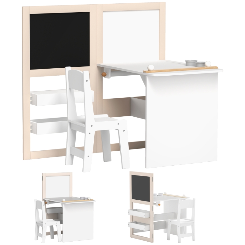 AIYAPLAY Mesa Infantil con Silla y Caballete Plegable Mesa para Niños de +3 Años con Estantes y Rollo de Papel Blanco