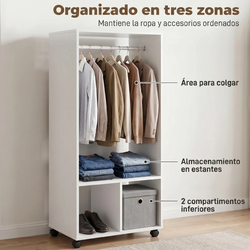 HOMCOM Armario Abierto con Ruedas Barra y Estantes para tener Ropa Colgada y Doblada 60x40x128 cm Blanco