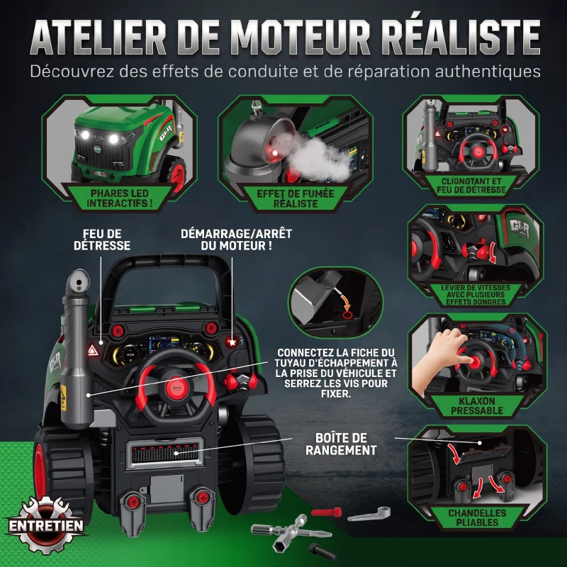 AIYAPLAY Jouet Moteur de Camion pour Enfants, Camion Mécano, Volant avec Effet de Brume, Sonores et Lumineux pour 3-6 Ans, Vert