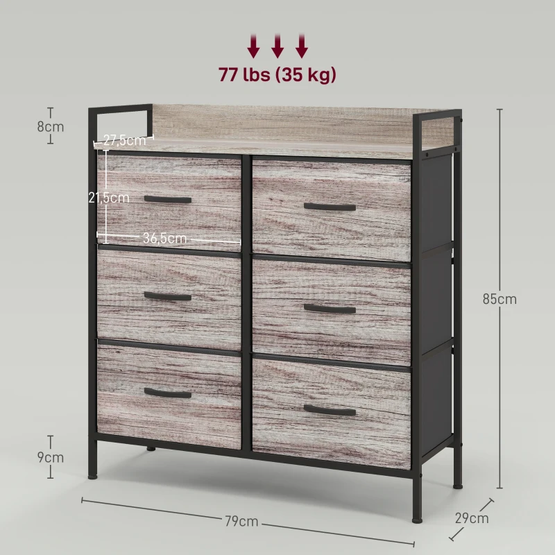 HOMCOM Commode, meuble de rangement pour chambre à 6 tiroirs tissu non tissé, cadre en acier, 79 x 29 x 85 cm, effet bois gris