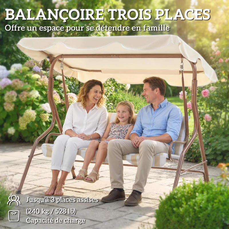 Outsunny Balancelle de Jardin 3 Places Toit imperméabilisé Inclinaison réglable Coussins Assise Dossier marron, crème rayé