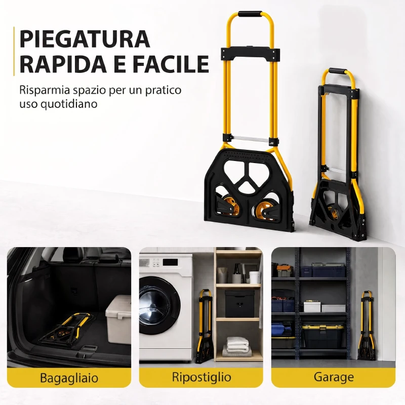 HOMCOM Carrello Portapacchi con Maniglia Telescopica, Portata 60kg, Telaio Acciaio, Giallo