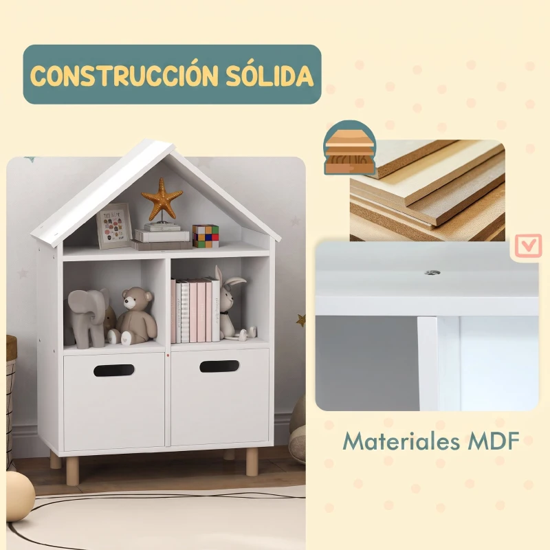 AIYAPLAY Librería Infantil de 3 Niveles Forma Casa con 3 Estantes y 2 Armarios para Guardería para Niños de 3 a 8 Años Blanco