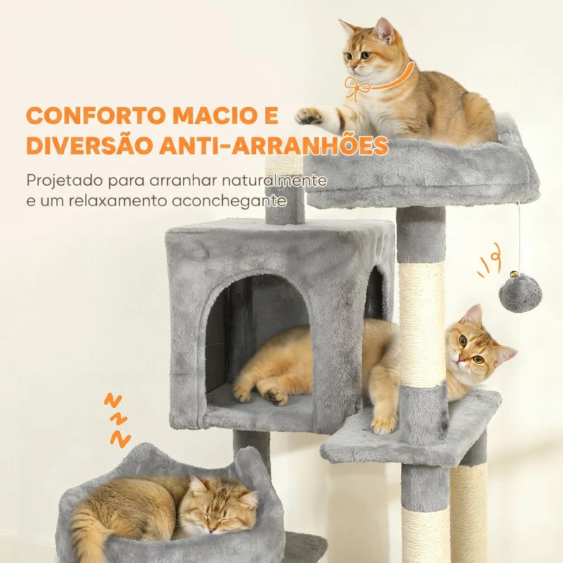 PawHut Árvore Arranhadora para Gatos 192 cm com 3 Camas, 2 Casinhas e 2 Redes, Cinzento-claro