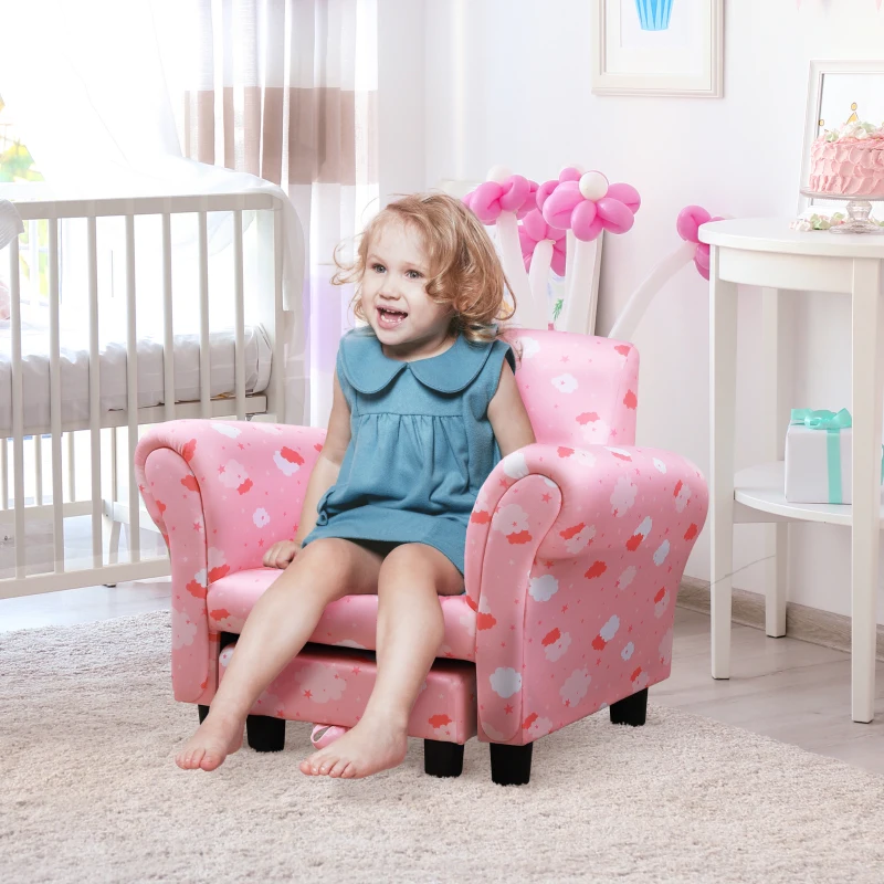 HOMCOM Toddler Chair Children's Armchairs Wood Frame w/ Footrest Anti-Slip Legs High Back Arms for Bedroom Playroom Cute Cloud Star Pink